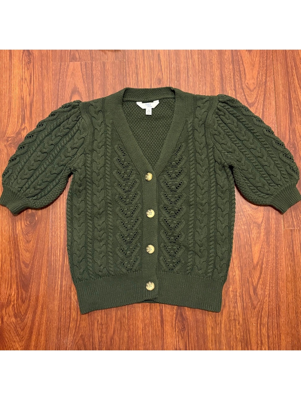 Time and Tru Women’s Cardigan Sweater XS Olive Green Button Up Cable Knit V Neck